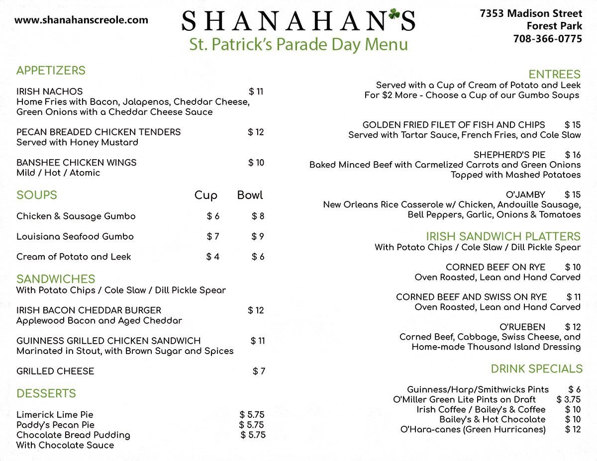 Saint Patrick’s Parade Menu | Shanahan's